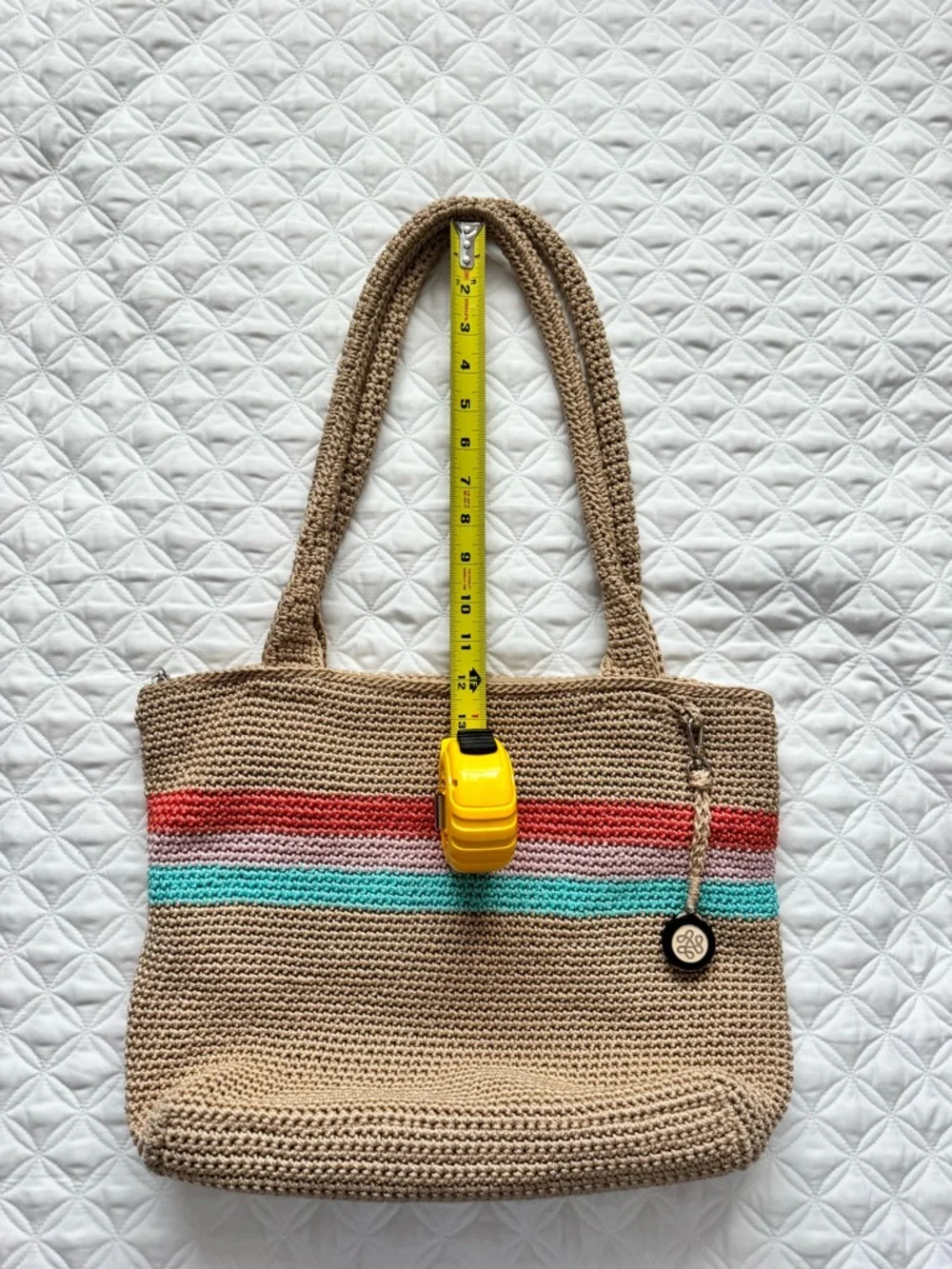 The Sak Crochet Shoulder Tote Bag Purse Zip Top Tan Coral Blue Pink Stripes